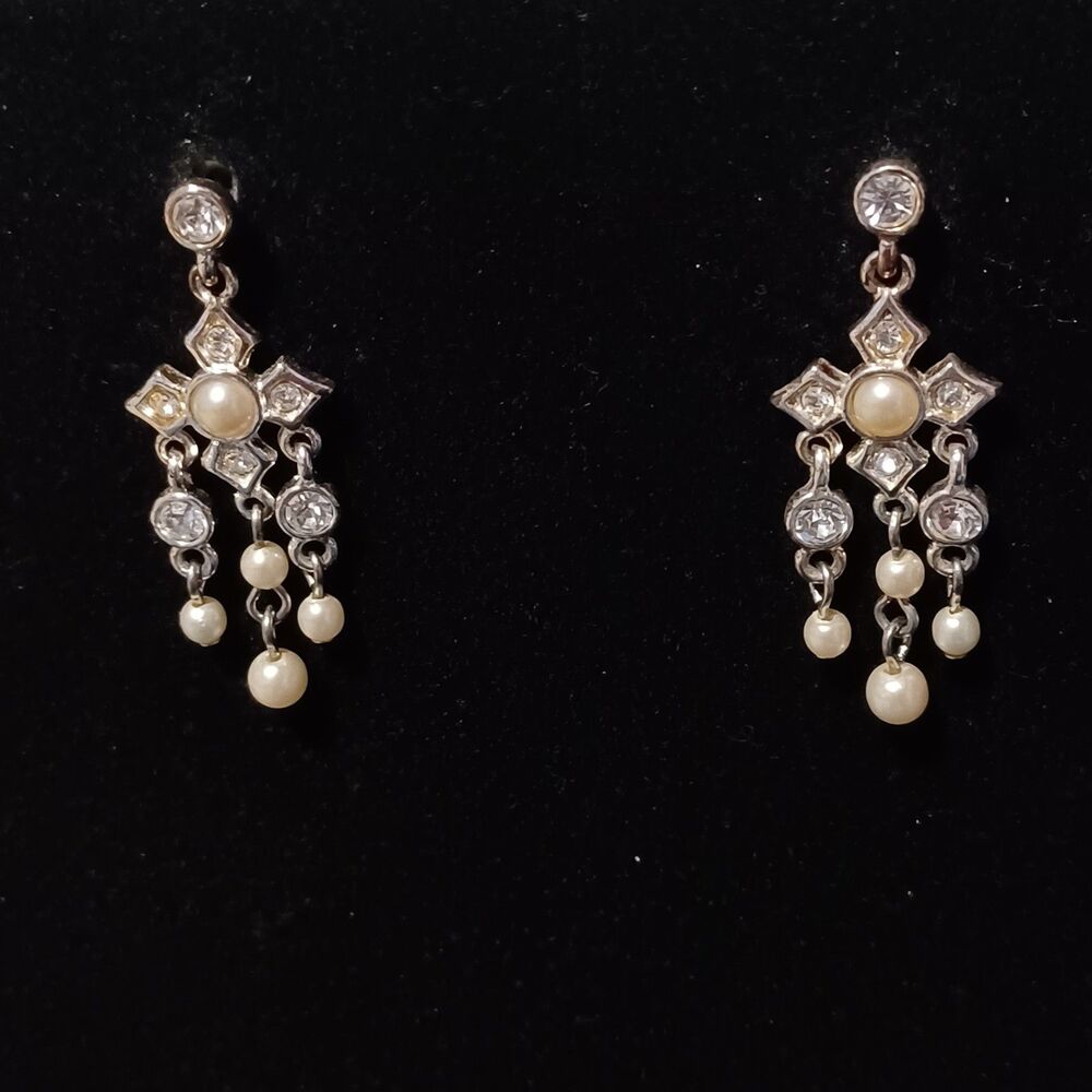 Vintage Silver-Toned Rhinestone and Faux Pearl Cross Chandelier Earrings - Picture 1 of 2